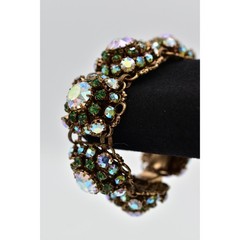 Vintage Aurora Borealis Crystal Bracelet Green AB Antiqued Gold Shiny 1950s Bin2
