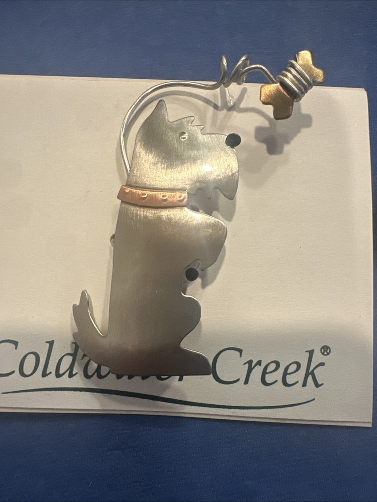 Vtg Coldwater Creek Sterling Silver 925 Scottie Dog Pin Brooch with Bone On Card