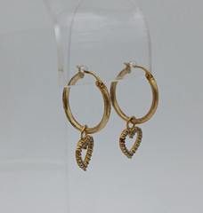 925 FAS Heart Charm Hoop Earrings 1.25in Vermeil Sterling Silver 2.94g Estate