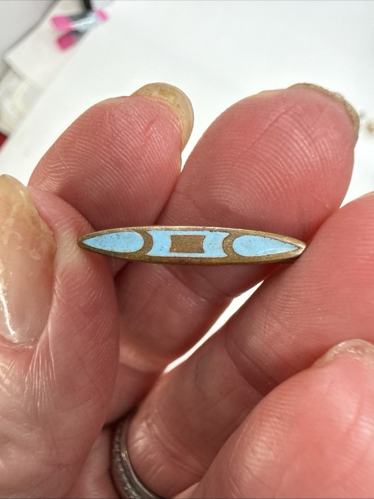Antique Blue Guilloche Enamel Lingerie Pin Art Deco Bar Brooch Brass 21mm