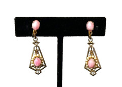 VTG Antique DECO PINK Cat’s Eye Glass Cabochon Filigree Drop Screw Back Earrings