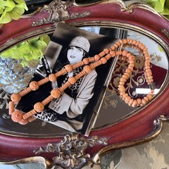 Art Deco Galalith Necklace Peach Orange Carved Beads 26” Opera Length