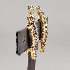 Vintage Rhinestone Clip On Earrings Purple Clear Climber Gold Tone 1 3/8″