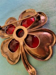 Sterling & Red Stones Four Heart Petals Flower Brooch Pin