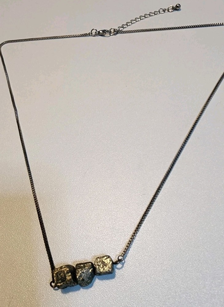 Vintage Pyrite Necklace Mixed Metals Three Beads Stones Silver Toned Chain