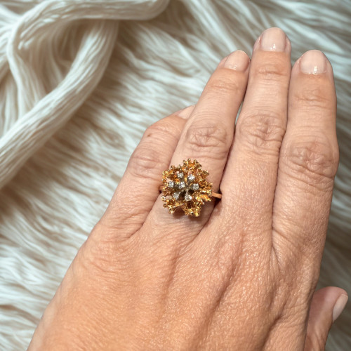 Vintage Brutalist Ring 14k Yellow Gold Diamond Chip Estate Abstract Band Size 8