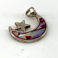 Vintage Silver Tone Crescent Moon Star Inlay Pendant Century Boho Style