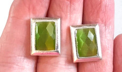 Vintage 1980’s Silver Tone Rectangle Green PREHNITE Post .75″ Stud Earrings