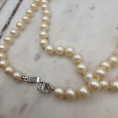 Vintage Glass Simulated Pearl Necklace 36in Hand Knotted Rhinestone Clasp Opera