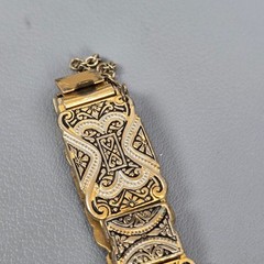 Antique Gold -Tone & Black Damascene Spain Brooch & Bracelet Floral Motif Ornate