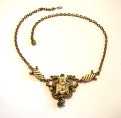 Vintage 50s Selro Selini Buddha Dragon Necklace Gold Tone Rhinestones Resin