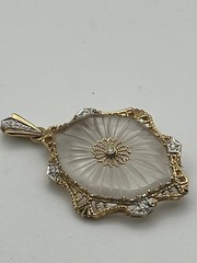 14K Solid Gold Art Deco Camphor Glass Diamond Filigree Pendant Brooch Pin 1.5″