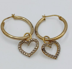 925 FAS Heart Charm Hoop Earrings 1.25in Vermeil Sterling Silver 2.94g Estate