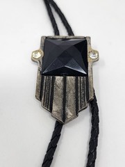 Vintage Bolo Tie Silver Tone & Black Stone Rhinestones Braided Leather Cord