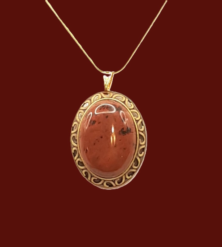 Artisan Made Mahogany Obsidian Pendant Antiqued Gold Tone