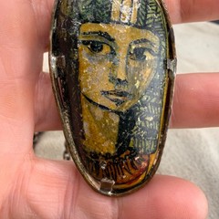 Vintage Necklace Hand Painted Portrait Double Sided Egyptian Revival Copper 28”