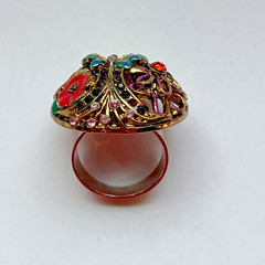 Vintage Enamel Butterfly Flowers Rhinestone Dome Statement Cocktail Ring Sz 7