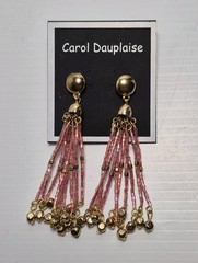 Carol Dauplaise Gold-tone Pink Beaded Fringe Tassel Drop Dangle Pierced Earrings