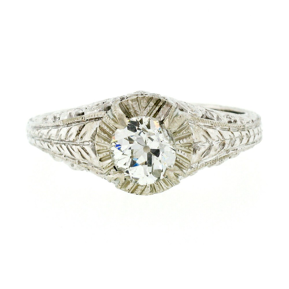 Vintage 14k White Gold 0.68ct Old Cut Diamond Solitaire Filigree Engagement Ring