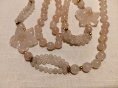 Vintage Pink Rose Quartz Hand Knotted Beaded Necklace With 2 Carved Pink Quartz
