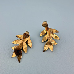 Vintage Rhinestone Earrings Gold Tone Leaf Branch Climber Clip On Dimensional