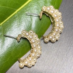 Vintage Pearl Half Hoop Earrings Estate Jewelry Pre-Owned Wrapped Unusual Huggie
