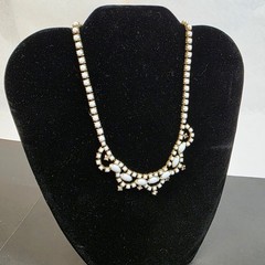 Vintage 16″ Milk Glass Rhinestone Bib Necklace White Gold