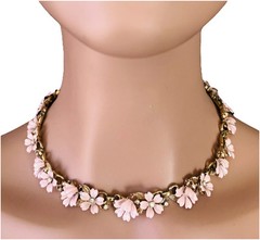 MCM Trifari Fleurette Pink Enamel Necklace Tiny Icy Rhinestones Gold Tone Links
