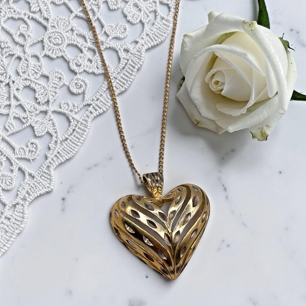 Vermeil 925 Sterling Silver Diamond Cut Open Design Puffy Heart Pendant Necklace