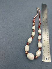 Vintage Knotted Rope Necklace 20 In Red White Iridescent Beads Gold Nautical