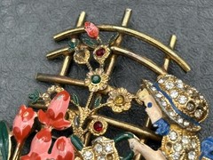 VTG Mistress Mary Enamel Rhinestone Girl Watering Flowers Pot Metal Pin Brooch