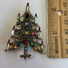 Vintage Pakula Christmas Tree Pin 2.25” tall with Rhinestone Candles & Ornaments