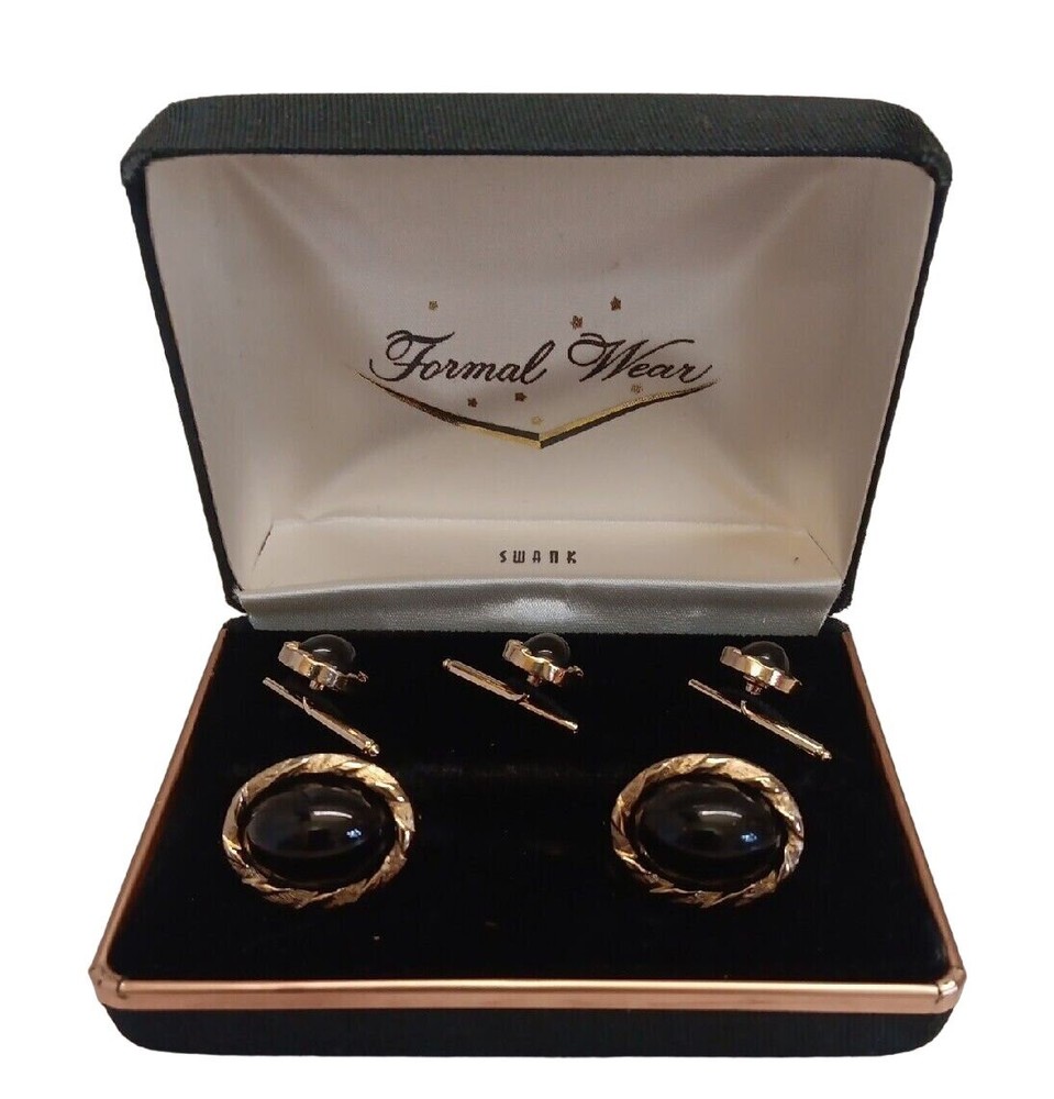 ✅VTG Swank Gold Tone & Black Cabochon Cufflinks Studs Dress Set in Original Box