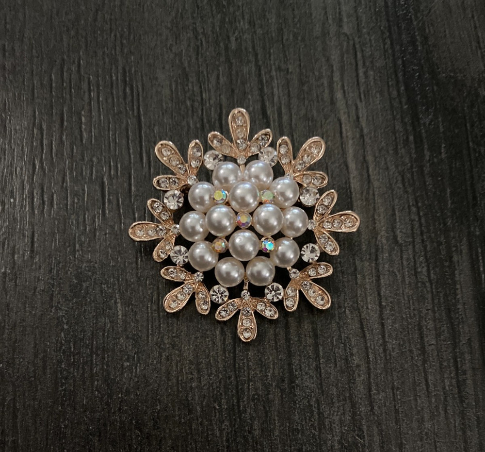 Vintage Gold Tone Clear & AB Rhinestone Faux Pearl Snowflake Domed Brooch Pin