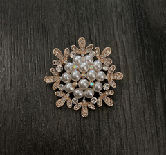 Vintage Gold Tone Clear & AB Rhinestone Faux Pearl Snowflake Domed Brooch Pin