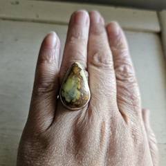 Vintage SS Yellow Variscite Statement Ring | Large Pear Cabochon | Size 8.5