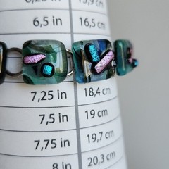 Handcrafted Dichroic Fused Glass Bracelet | Square Links | Blue-Green
