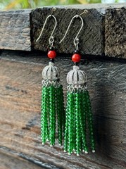 Earrings tassel pendant natural red coral green agate beads 925 Sterling silver