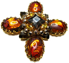 SCHREINER Amazing Tiger Striped Unusual Glass Stone Cross Vintage Pin Brooch