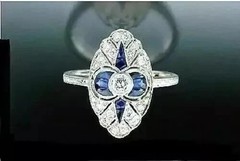 Vintage Art Deco Lab Created Sapphire Diamond Womens Engagement 14K Gold FN Ring