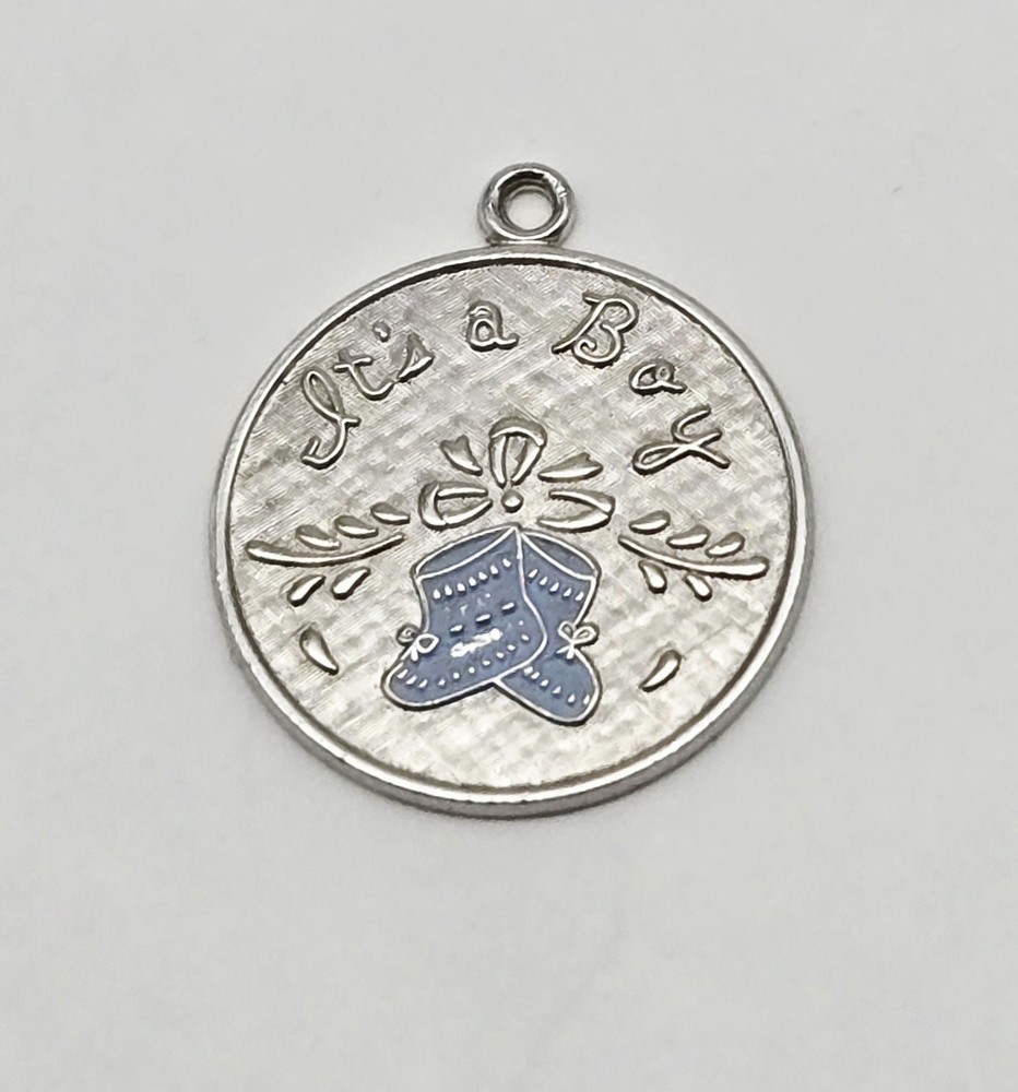 Vintage Wells 925 Sterling Silver Round It’s A Boy Pendant Bracelet Charm – 3.3g