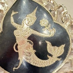 Atq Rare Siam Sterling Silver Niello Ware Mermaid Teardrop Pendant 2.5”L 8.4g