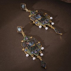 Vintage European Painted Bird Floral Enamel Drop Earrings Pearl Gold Victorian