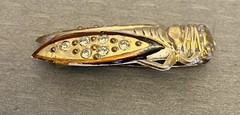 Vintage French Plastic Rhinestone Lucky Cicada Brooch Gold Painted Insect 1.5″