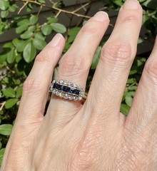 Antique 14K Gold Sapphire & Diamond Saddle Ring Victorian Edwardian Estate 7.25