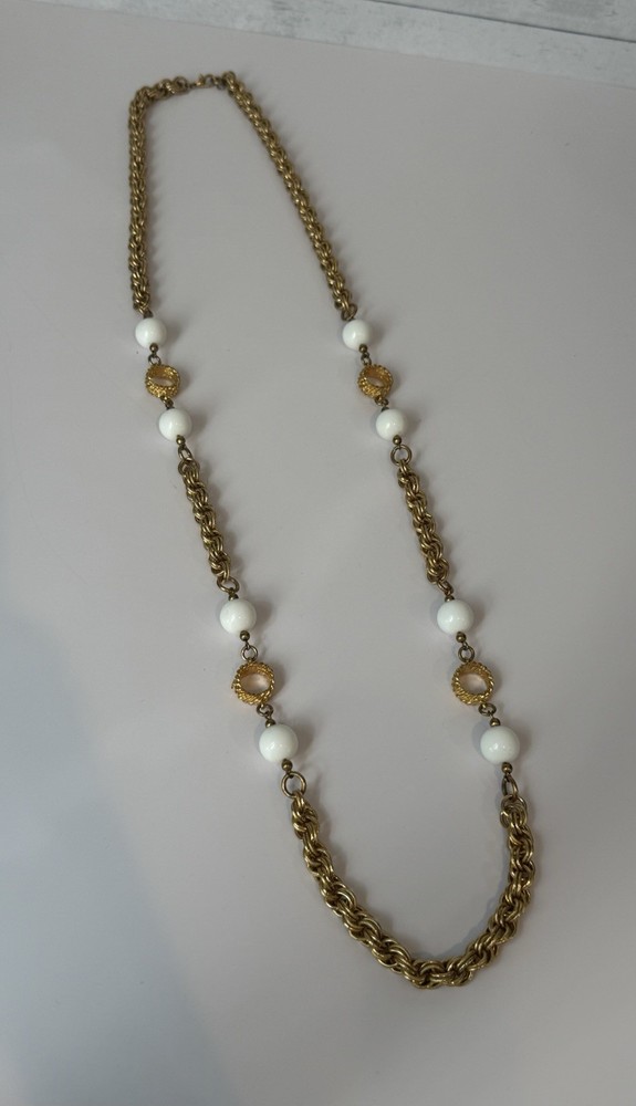 Vintage Gold Tone Chain Necklace White Bead Station Necklace 20.5”