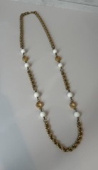Vintage Gold Tone Chain Necklace White Bead Station Necklace 20.5”