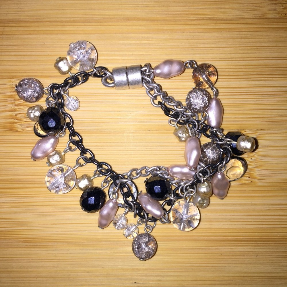 Vintage Charm Bracelet Silver Tone Black Chain Acrylic Beads Magnetic Clasp