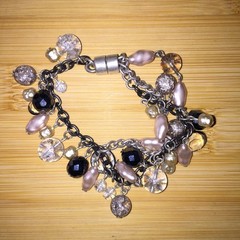 Vintage Charm Bracelet Silver Tone Black Chain Acrylic Beads Magnetic Clasp