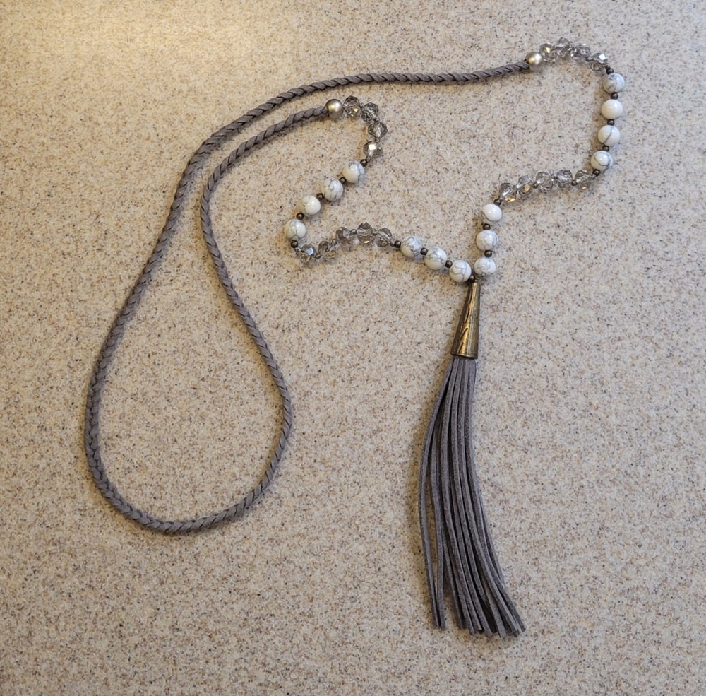 Gray Leather Tassels And Brass Pendant On Braided Beaded 32in Cord Necklace